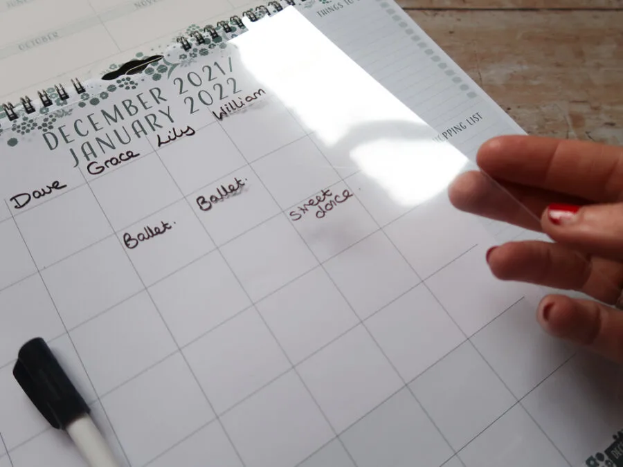 acetate sheet over calendar