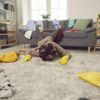 woman on floor of messy house