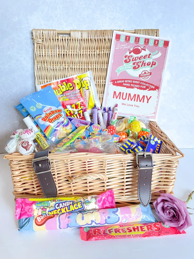 Retro sweets in a wicker hamper