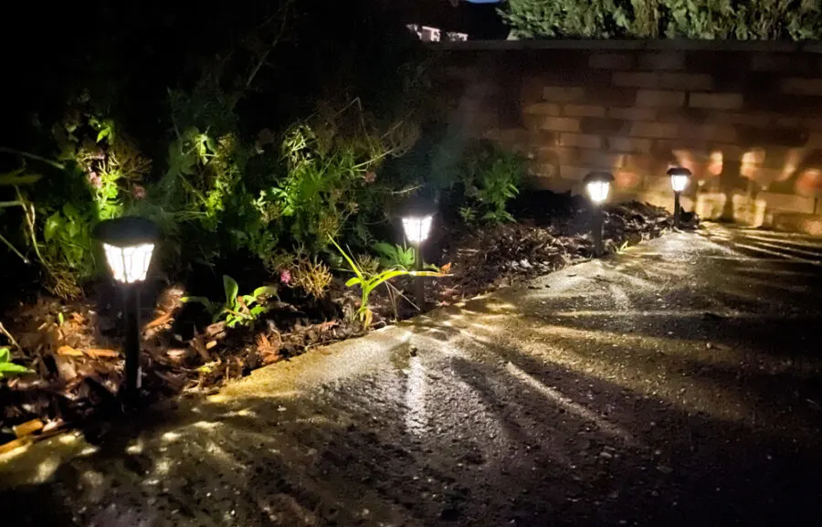 solar stake lights at night in garden edging