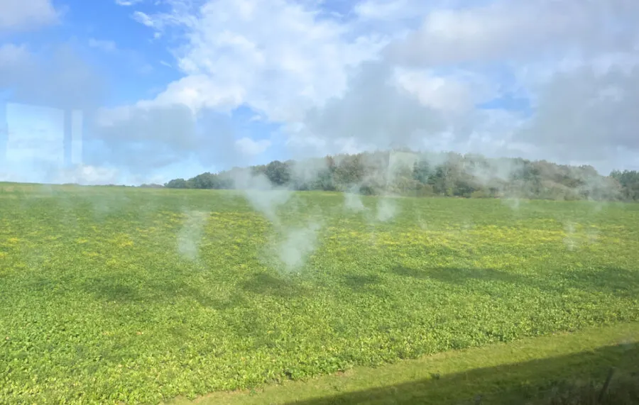 Puffs of steam with their shadow