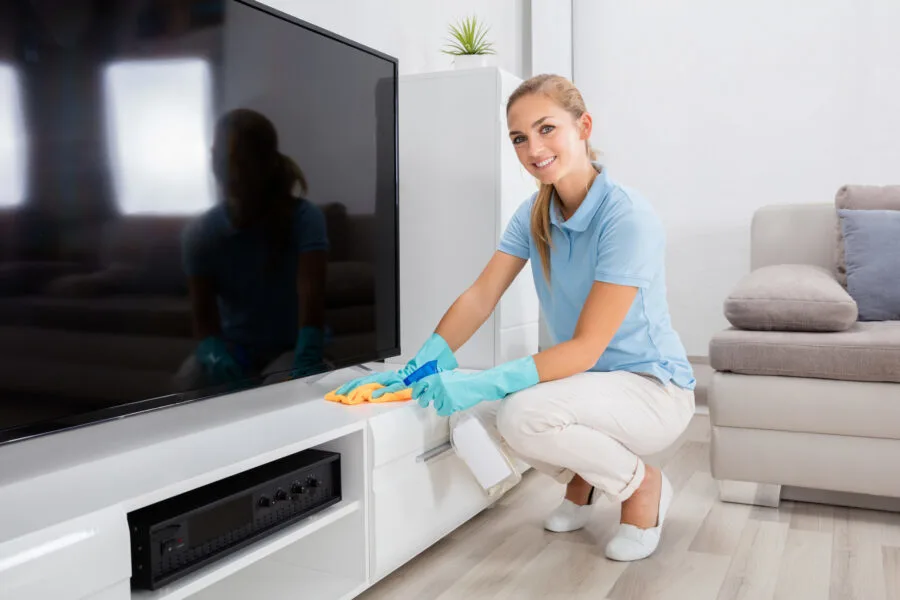 Woman Cleaning The Furniture Of Living Room