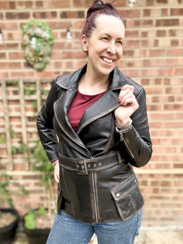 Woman wearing a leather jacket from Angel Jackets