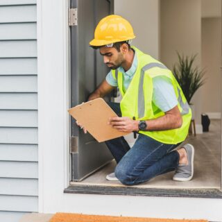 A certified mold inspector examining a wall in a family home